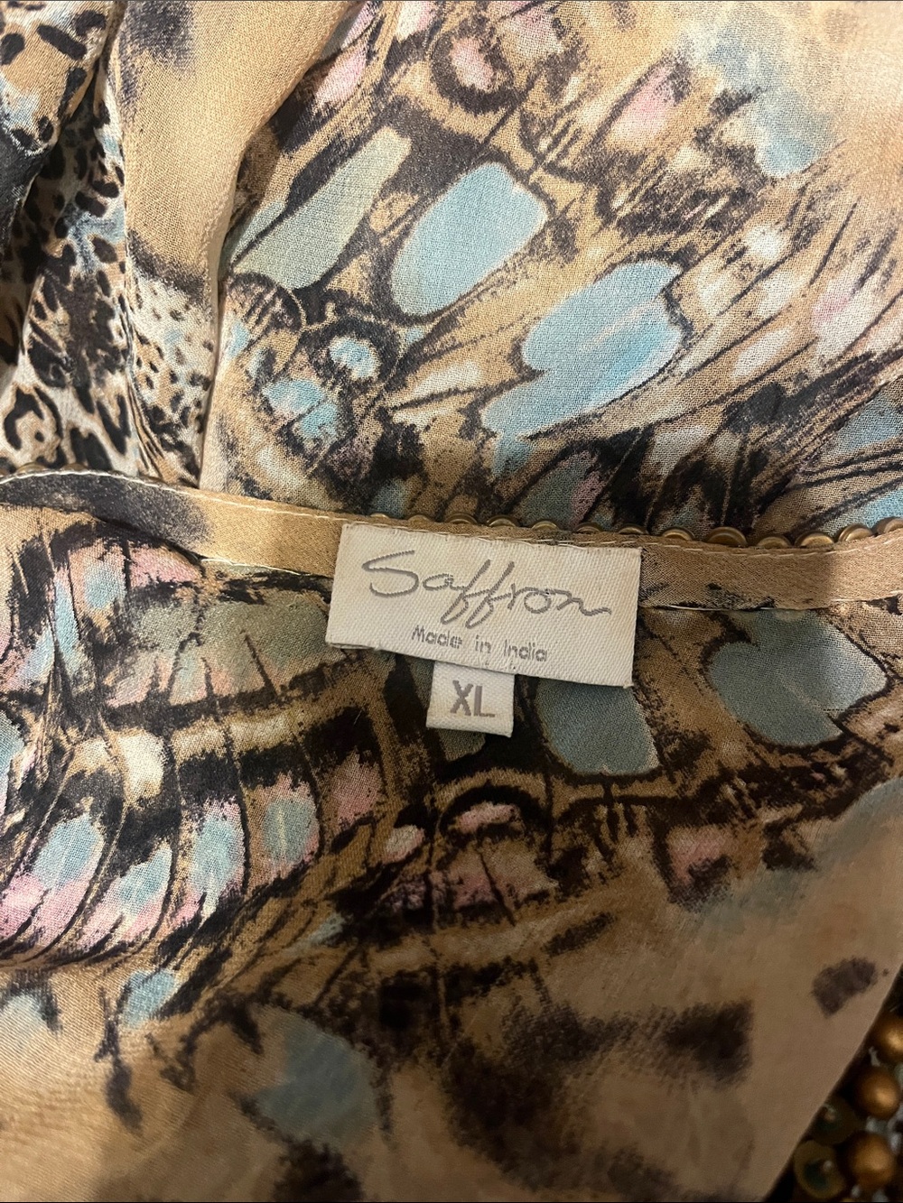 Beaded Sheer V-Neck Long Sleeve Animal-Print Tunic in Beige and Teal - Picture 6 of 6